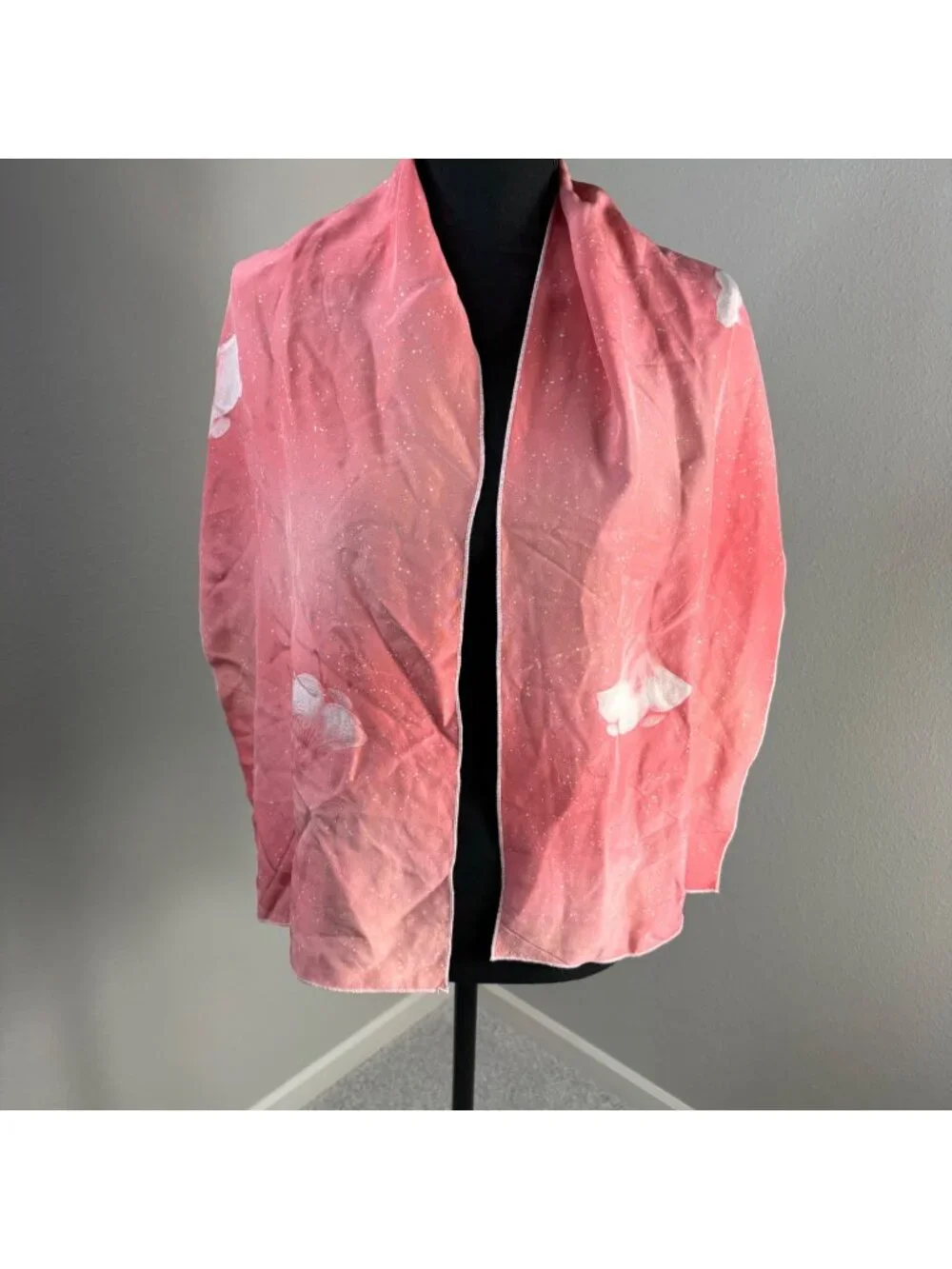 Japanese Silk Floral Peach Ginko Scarf Flaw Unbranded no tag 56 x 13 inches